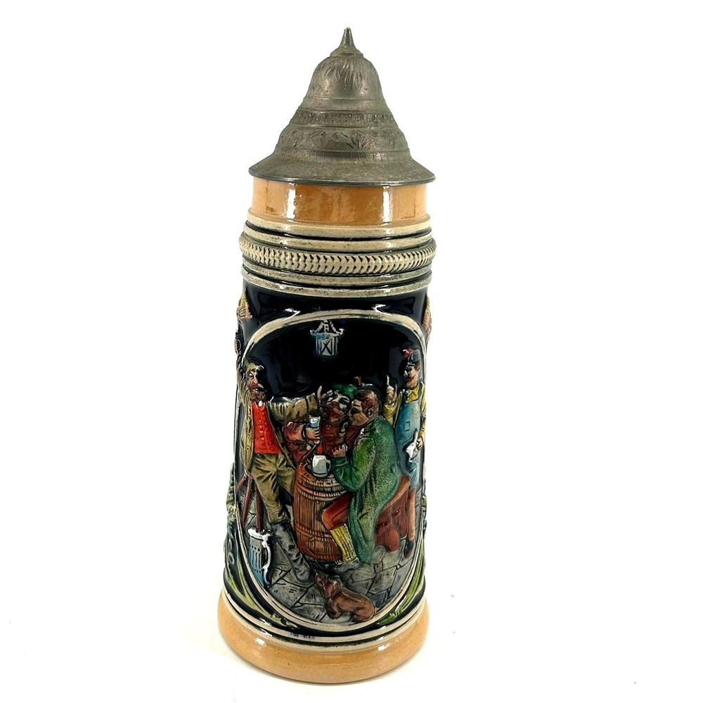 House of Global Art German Beer Stein Goebel Tavern Scene Lidded Relief Ceramic